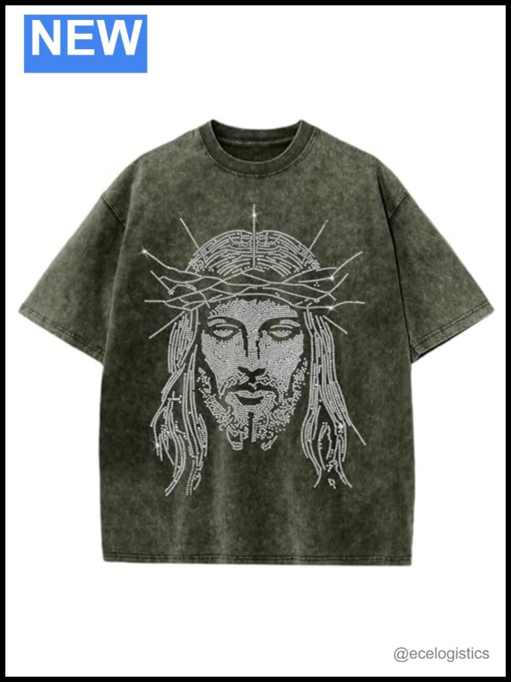 Men's Jesus Rhinestone Graphic Tee Oversized Acid Wash Cotton T-Shirt